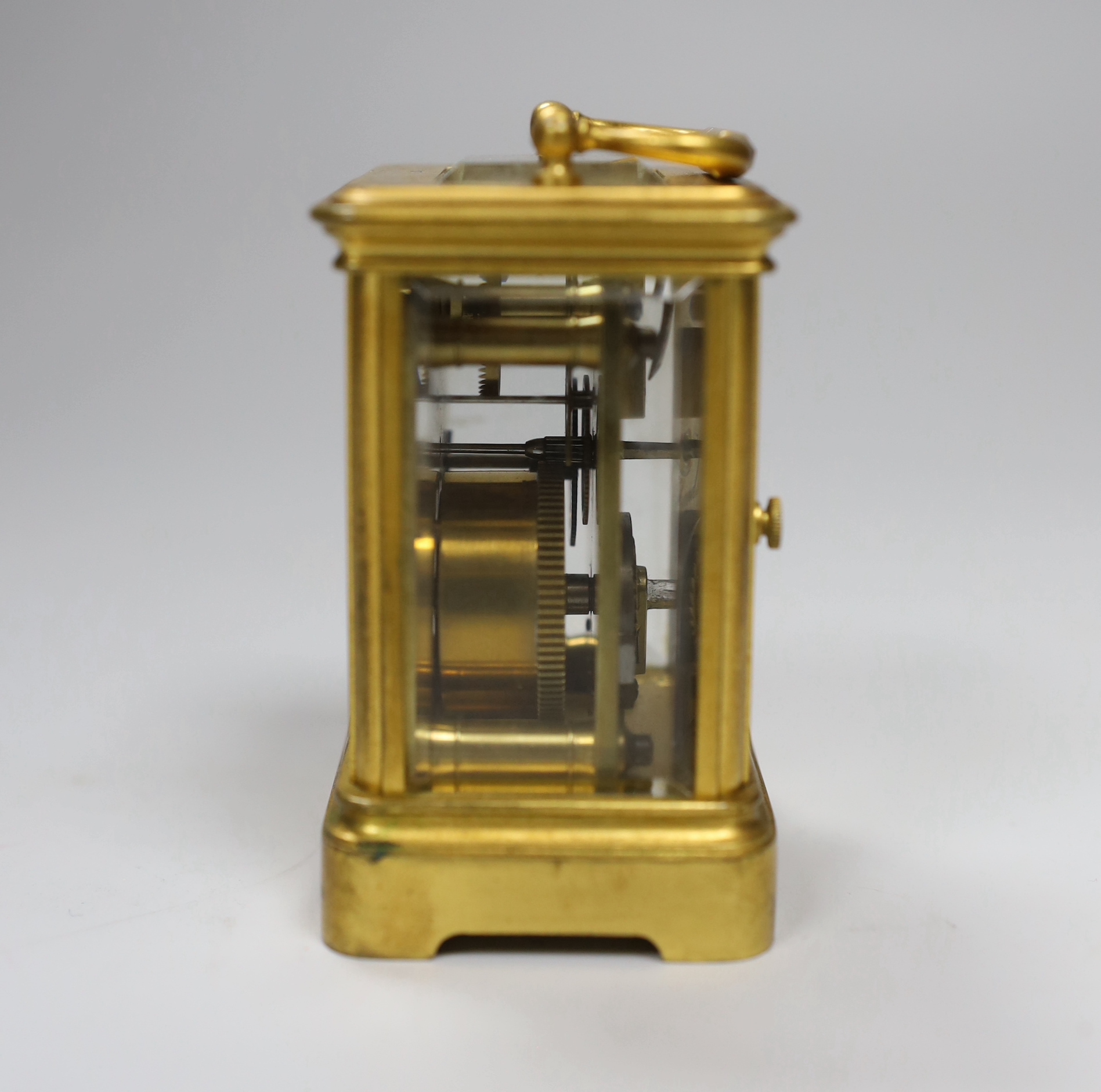 A French miniature carriage timepiece by Henri Jacot with enamel dial and leather case, 9.5cm high